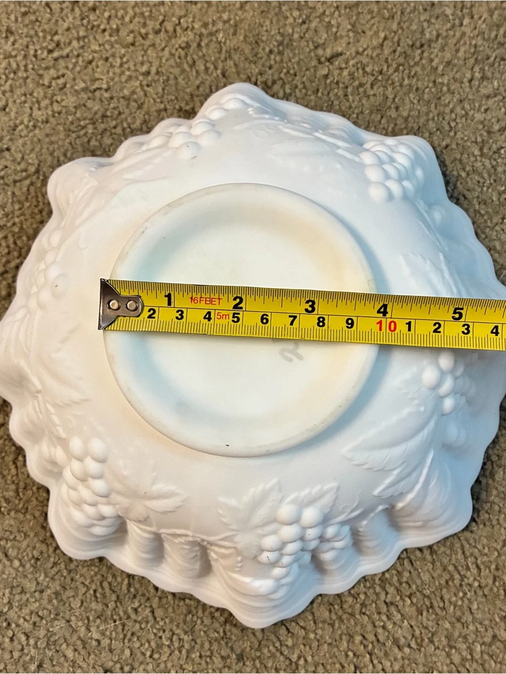 Vintage Imperial Glass White Milk Glass Ruffled Edge Grape/Leaf Pattern Bowl